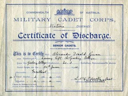 Discharge Cerificate of 'Alec' Gunn, 1910